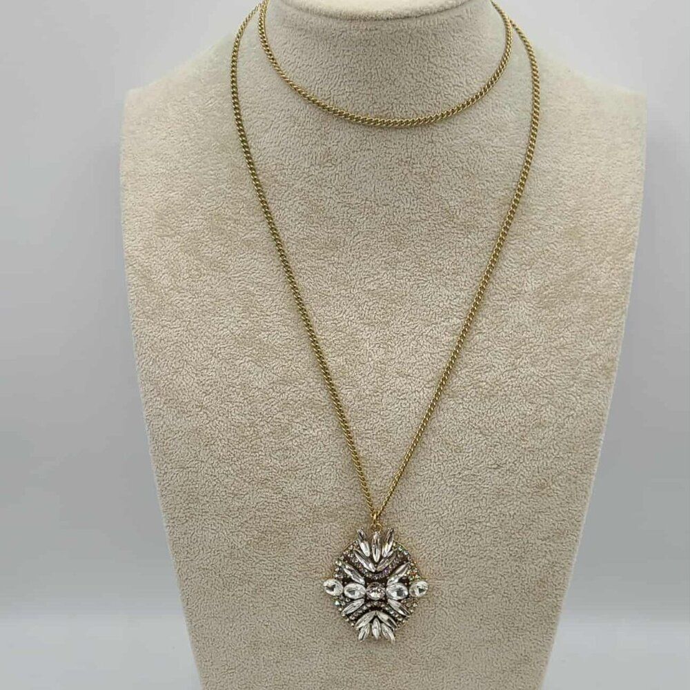 J Crew Art Deco Gold Tone Clear Crystal Pendant